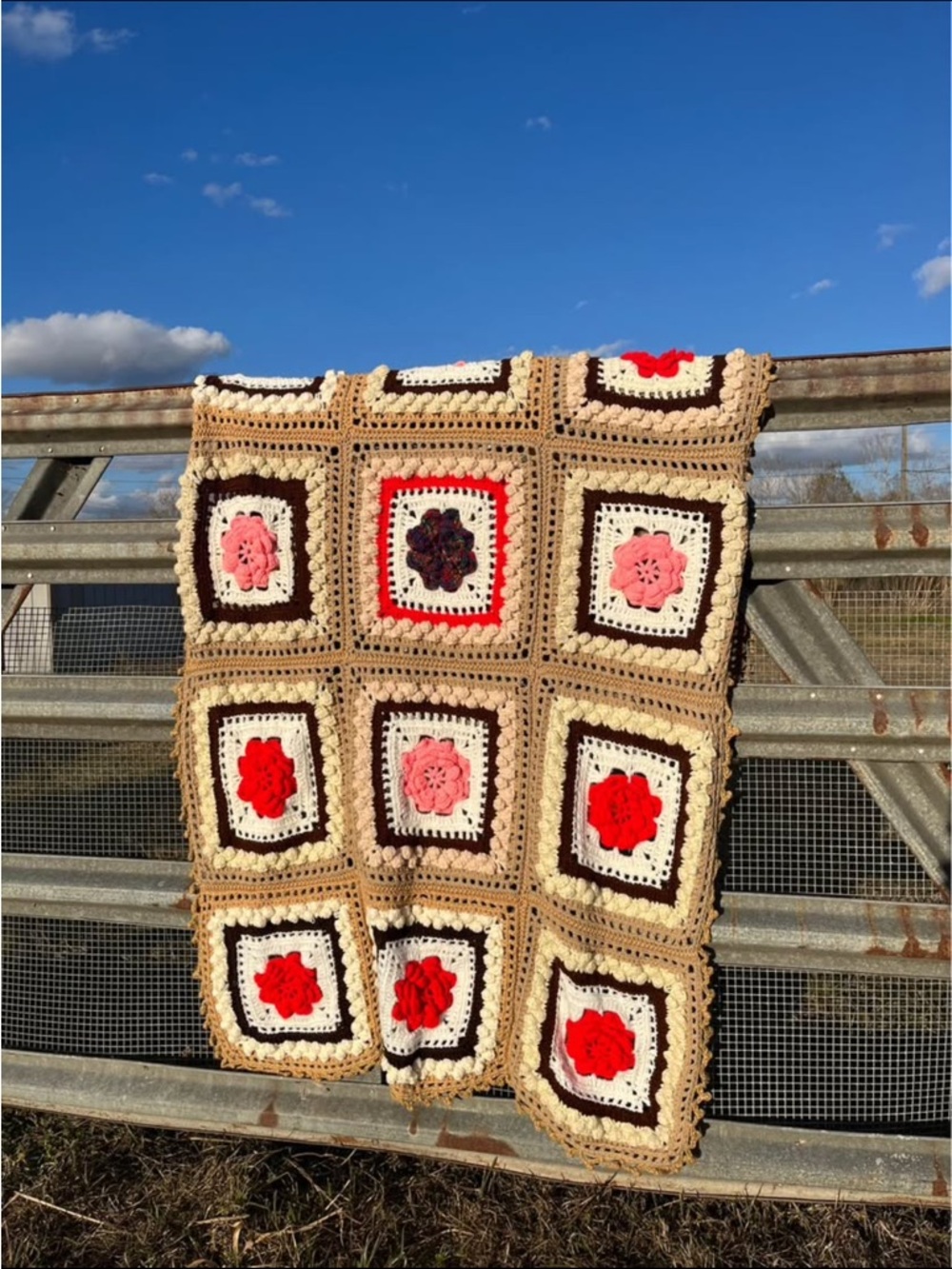 Handmade Crochet Granny Square Throw - Beige, Red, Pink, Brown Roses